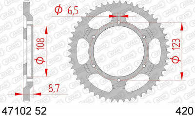 Couronne 52 dents acier standard 47102 - 420 Afam | CAGIVA MITO 50, DERBI GPR 50, DERBI GPR R 50