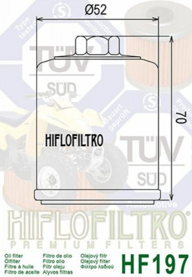 Filtre à huile HF197 marque Hiflofiltro | Compatible PGO, AEON, HYOSUNG, POLARIS
